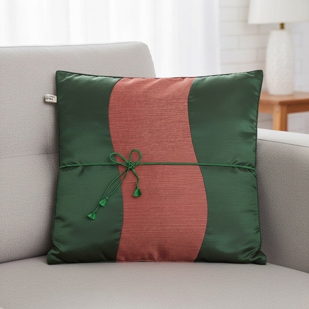 Vintage Thai Silk Pillow Cover Green With Coral Panel Hand Tied Accent